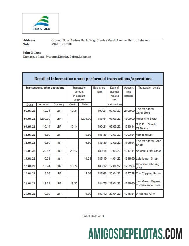 Exemplo de extrato bancário de cedro do Líbano Xls